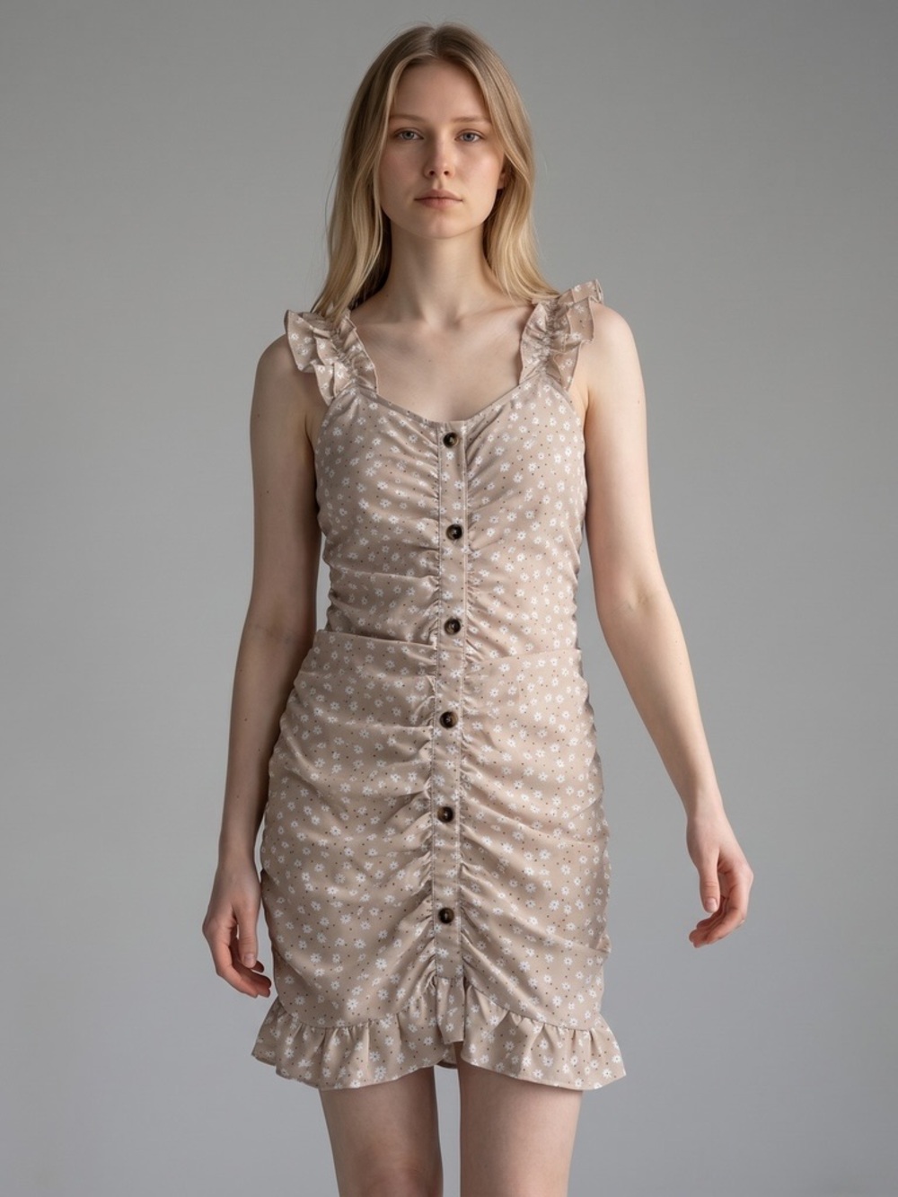 Beige Floral Ruffle Button-Front Sundress